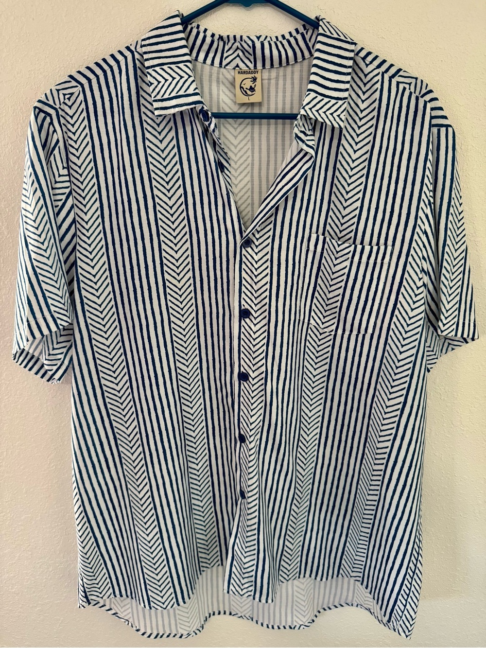 Men’s Hardaddy Short Sleeve Striped Button-Up Shirt - Navy/White Size Large